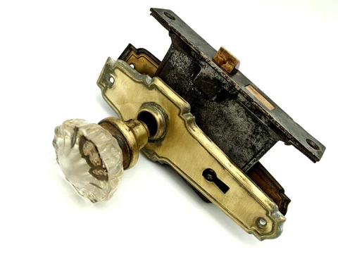 Unbranded Vintage Glass Handle Door Knob Brass Latch Assembly Fixed Key Lock Cover