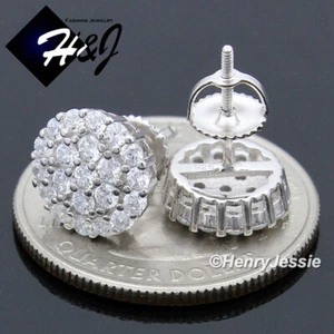 MEN WOMEN SOLID 925 STERLING SILVER ICY BLING CZ 3D 10MM ROUND STUD EARRING*E212 - Picture 1 of 2