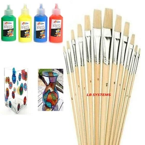 4 Pk GLASS PAINTS VIBRANT FAST +12 PC ASSORTED WOODEN HANDLE ARTIST's BRUSHES - Picture 1 of 2