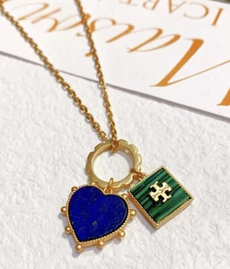 Tory Burch Enamel Lady Perfect Necklace Blue& Green Classic Logo Heart shaped - Picture 1 of 7
