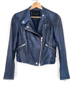 Club Monaco Lamb Leather Navy Biker Moto Jacket Women's Small Asymmetrical Zip - Picture 1 of 10