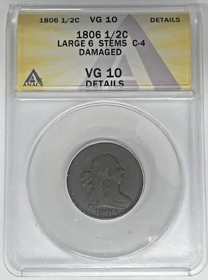 1806 Draped Bust Half Cent Coin ANACS VG 10 Details Damaged  - Image 1 of 2