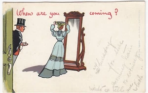 When are you Coming? Man waits for Woman Comic ART, 1905 Postcard - Picture 1 of 2