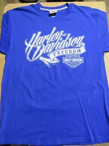 Harley Davidson T-Shirt Men’s Medium Freedom 2014 Essex United Kingdom Blue O45J - Picture 1 of 8