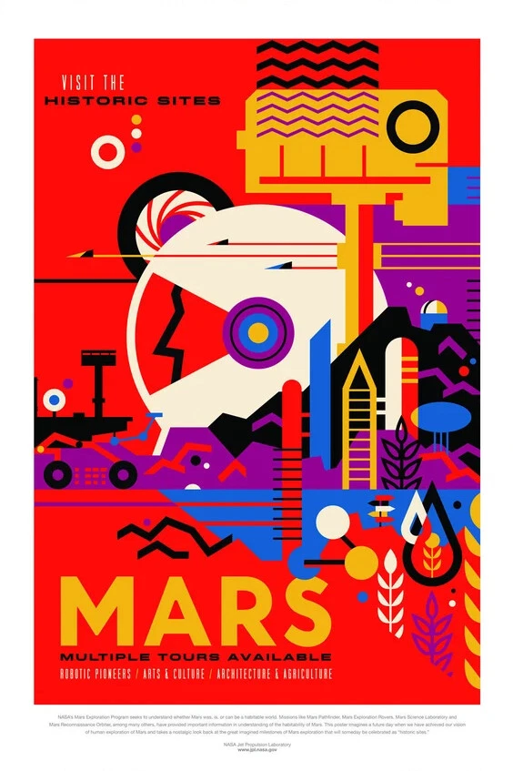 Póster de viaje de la NASA a Marte, pósters de turismo espacial, póster retro de viaje espacial lienzo Foto 1 de 1