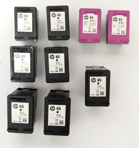 Lot Of Nine EMPTY Genuine HP 65 Black And Tri Color  Ink Cartridges Virgin Ink - Picture 1 of 3