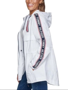 Tommy Hilfiger Women’s White Sidetape Long LOGO waterproof windbreaker Sz Large - Picture 1 of 9
