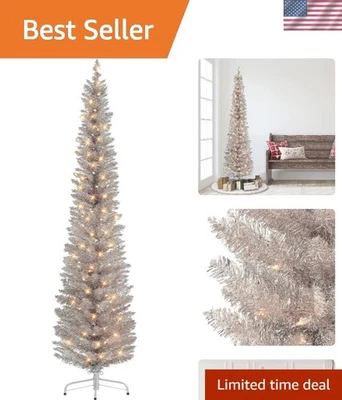 Elegant 6' Rose Gold Tinsel Pencil Christmas Tree with 100 Clear Lights - Image 1 of 4