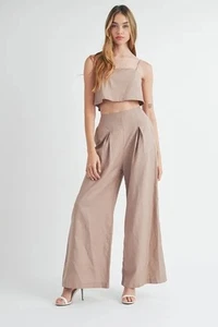 Breezy Linen Blend Crop Cami and Wide Leg Pants Set for Effortless Summer Style - Picture 1 of 7