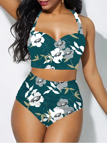 Philadelphia Eagles 2PCS High Waist Bikini Set Womens Halter Low Cut Swimsuit Cover