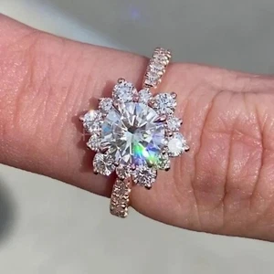 1.5ct Round Cut Moissanite Floral Halo Women Engagement Ring 14k RoseGold Plated - Picture 1 of 3