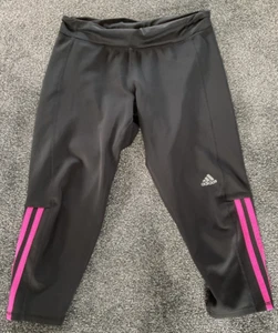 adidas womens leggings knee length black with pink stripes medium - Picture 1 of 3