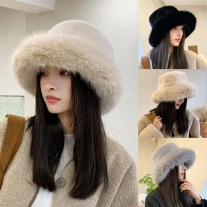 Invierno Mujeres Imitación Piel Cubo Sombrero Cálido Esponjoso Ala Ancha Gran Tamaño Felpa Suelto EE. UU.@ - Imagen 1 de 39