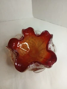 Vintage Murano Glass Ashtray Bowl Red Amberina Bullicante Silver Aventurine 6" - Picture 1 of 5
