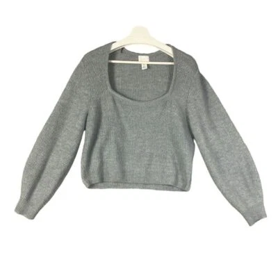 H&M Ribbed Knit Square Neck Wool Sweater Womens SZ XL Gray Crop Balloon Sleeve - Image 1 of 4