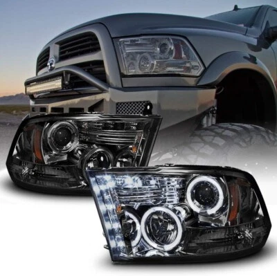 For 2009-2018 Dodge Ram 1500 2500 3500 LED Halo Smoked Projector Headlights Pair - Image 1 of 4