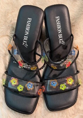 Vintage 90s y2k Fashion Bug Black Chunky Flower Platform Sandals Size 7.5 - Image 1 of 4
