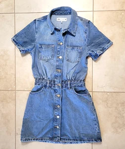Zara Shirt Denim Dress Womens Size XS Short Sleeve Mini Buttons Braided Waist C8 - Picture 1 of 14
