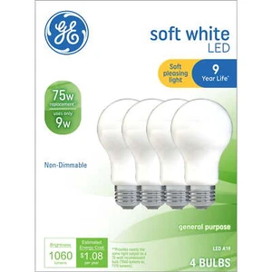 GE LED Light Bulb, 75W, Soft White, A19 Bulb, Medium Base, 9 Years, 4 Pack - Picture 1 of 7
