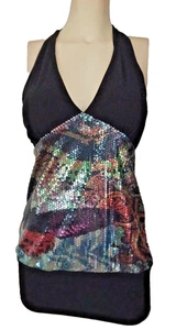 NUEVO SIN ETIQUETAS Damas L Hermoso Negro Multi Lentejuelas Largo HALTER TOP Sujetador Acolchado Incorporado - Imagen 1 de 10