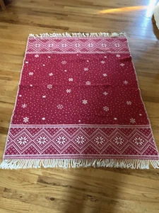 Lands End Red Wool Nordic Cream Snowflake Fringed Throw Blanket.48"x60". - Picture 1 of 4