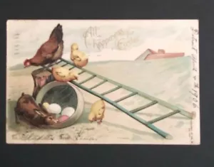 Alles Glück für Osterhasen Küken Leiter geprägt antike Postkarte UDB 1906 - Bild 1 von 7