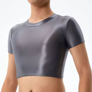 Women Men Crop Top Tee Short Sleeve Shirt T-shirts Oiled Nylon Sexy Slim Costume - Picture 1 of 26