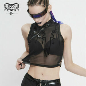 Damen Gothic ärmellose schmale Tops Schnalle Dekoration transparentes Netz T-Shirts