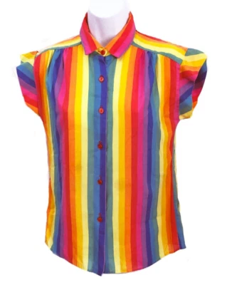 Vintage 80s Cotton Striped short sleeve blouse shirt in LGBTQ+ Bright Colors SM - Image 1 of 4