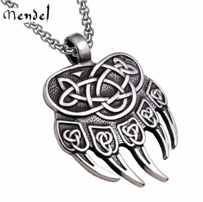 MENDEL Mens Viking Trinity Knot Bear Claw Paw Pendant Necklace Stainless Steel - Image 1 of 4