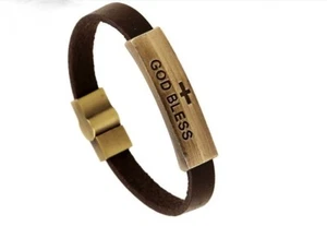 Christian Religious "God Bless" Jesus Genuine Leather Strap Unisex Bracelet - Picture 1 of 6