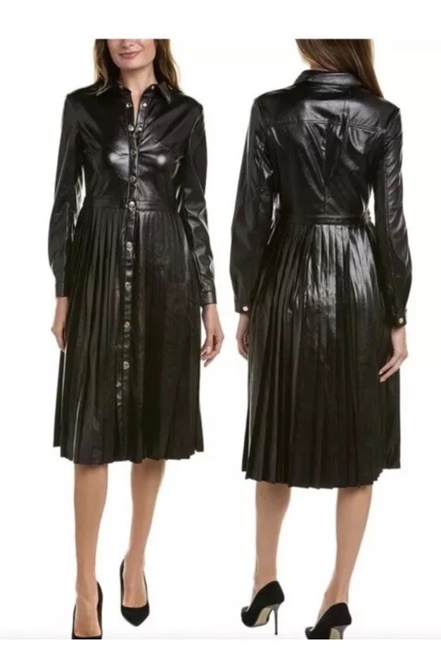 VESTIDO CAMISERO ELIE TAHARI LARGO NEGRO FAUX PLISADO A PRESIÓN TALLA 6 Foto 1 de 4