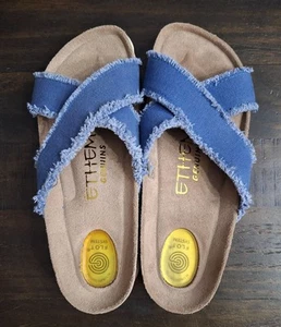 Ethem By Genuins Blue denim criss cross slip on comfort slides Women's US Sz 7.5 - Picture 1 of 13