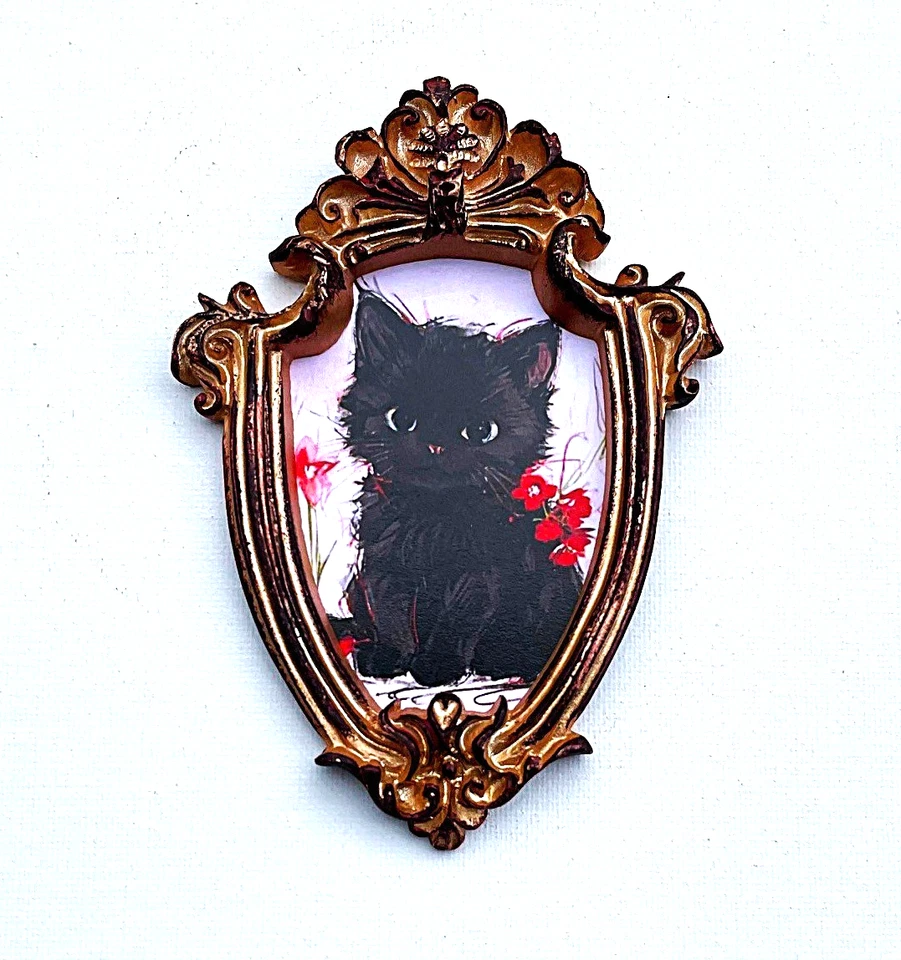 Black Baby Cat Framed Miniature Mini ART PRINT Gold Brown Ornate Frame NOT ACEO - Image 1 of 4