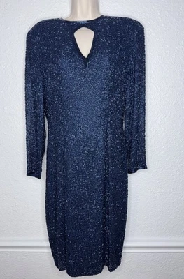 Vestido Vintage Negro Corbata He-Ro Cuentas Pesadas Seda Azul Cerradura Talla 10 Manga Larga Foto 1 de 4