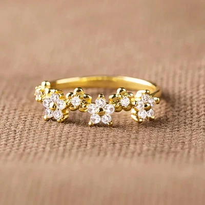 Ring Gold Blumen Muster Damen Zirkonia Steine Vergoldet Bandring Finger Schmuck - Bild 1 von 4