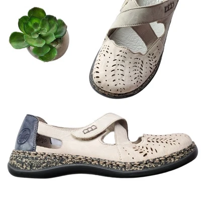 REIKER Daisy Mary Jane Comfort Shoe Flat Size 37 6-6.5 Vintage Cream Blue - Image 1 of 4