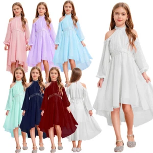 Girls~Sparkly Halter Dress Kids Off Shoulder High Low Hem Wedding Bridesmaid - Picture 1 of 93