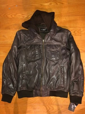 Remache Negro: Chaqueta de Cuero Genuino para Hombre M, Con Capucha, Marrón, Nueva con Etiquetas Foto 1 de 3
