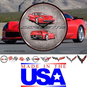 RETRO NOSTALGIC C7 CORVETTE TORCH RED LED LIGHTED MAN CAVE 14" WALL CLOCK - Picture 1 of 3