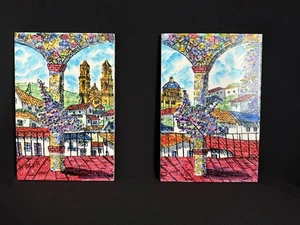 Hand Painted Mexican Ceramic Tile Village Scene By A. Mejia Two 12" x 8" Set - Picture 1 of 11