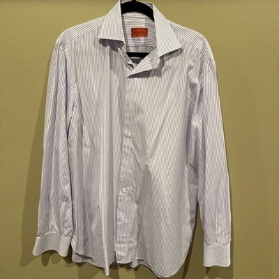 Camisa de vestir ISAIA Napoli púrpura a rayas 100 % algodón manga larga con botones 16/41 Foto 1 de 4