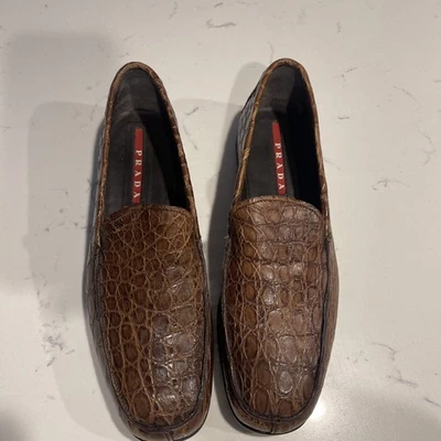 $2,900 | PRADA  Sz7 /8 US CROCODILE BROWN LEATHER DRIVERS LOAFERS SHOES - Image 1 of 4
