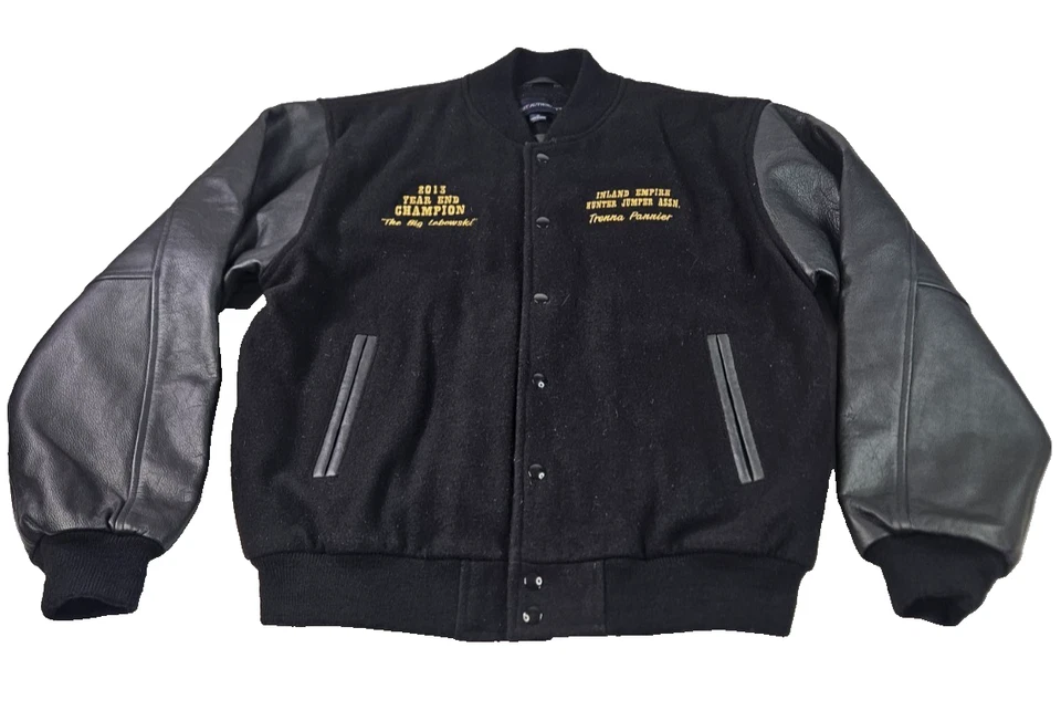 Bomber Varsity Jacket Wool Leather Men M Black Leather Wool Embroidered Unused - Image 1 of 4