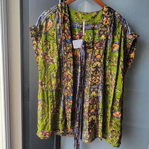 FREE PEOPLE NEW OPEN KIMONO MEDIUM  STYLE FRINGE GREEN BLUE EARTHY COLORS - Picture 1 of 13