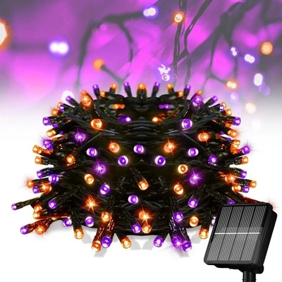 FLECHLLARY Solar Halloween Lights,39Ft 100LED Orange & Purple String Lights,Halloween Solar