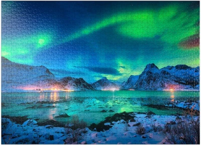 Aurora Borealis over Sea Coast, Lights at Night. Lofoten Islands 1000 PC Puzzle - Image 1 of 4