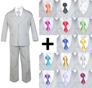 New 6pc Extra Neck tie + Boy Infant Toddler Light Silver Formal Suit Tuxedo S-20 - Picture 1 of 47