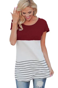 Women's Short Sleeve Striped Color Block Casual Blouse Dress Shirt Tee Tunic Top - Picture 1 of 7