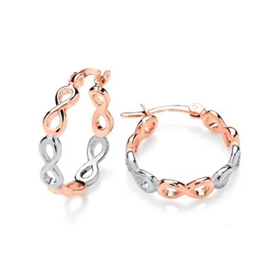 925 Sterling Silver INFINITY Full Eternity 20mm hoop Earrings Two Tone 18ct Rose - Picture 1 of 6